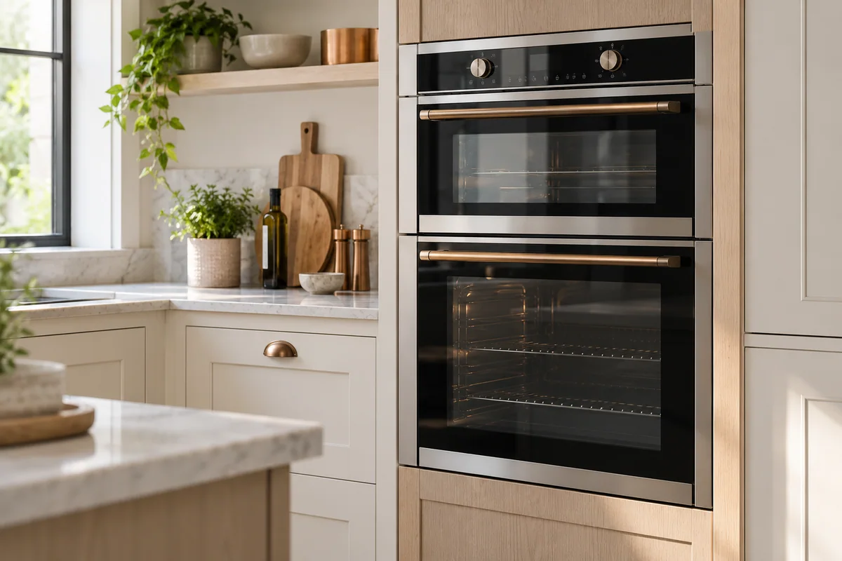 Built-in double oven with separate upper and lower cavities