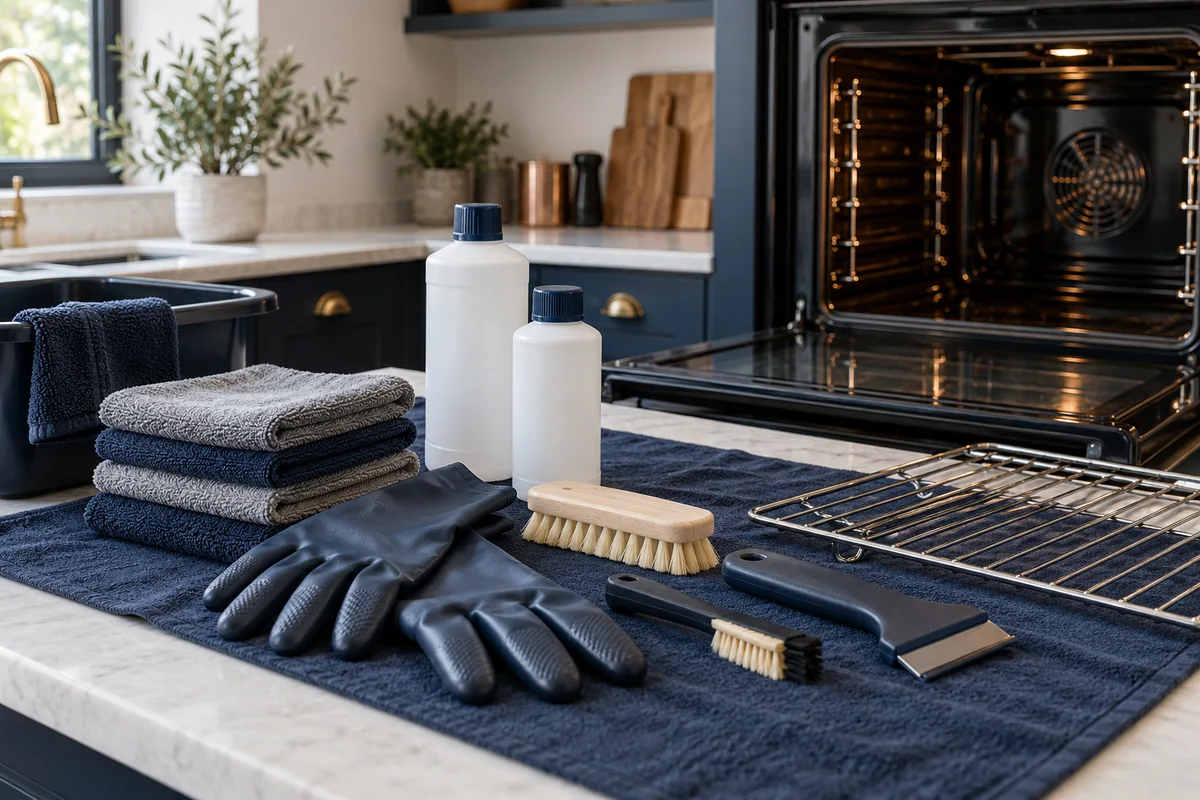 Cloths, gloves and brushes arranged for oven cleaning