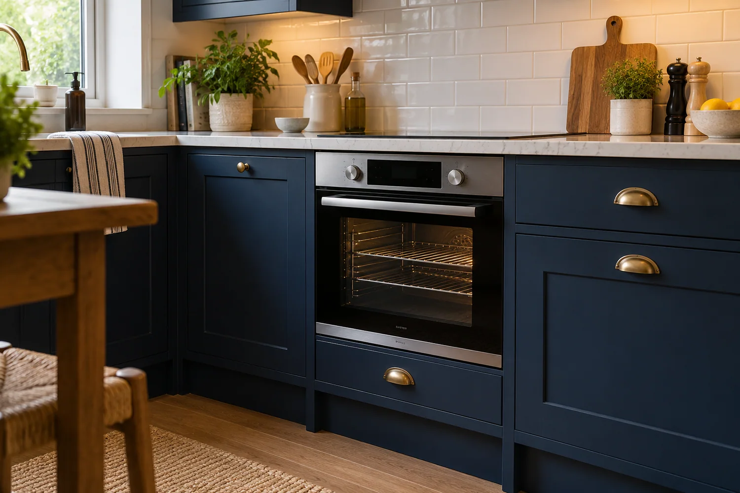 Compact built-in oven in a small navy kitchen