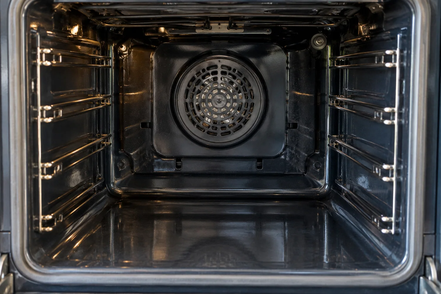Open oven showing enamel walls, shelf runners and rear fan cover