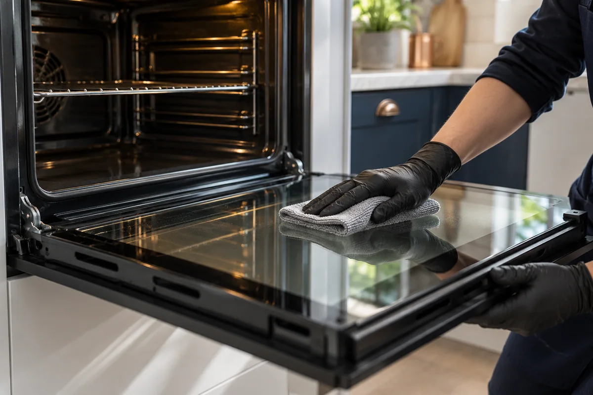 Cleaning the inner glass of an open oven door