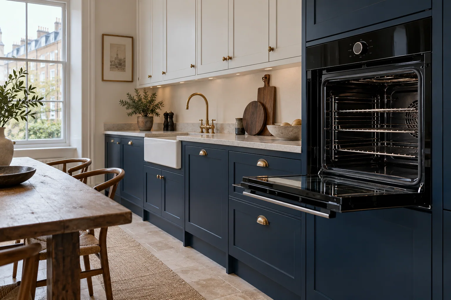 Black built-in oven in a navy and pale stone kitchen