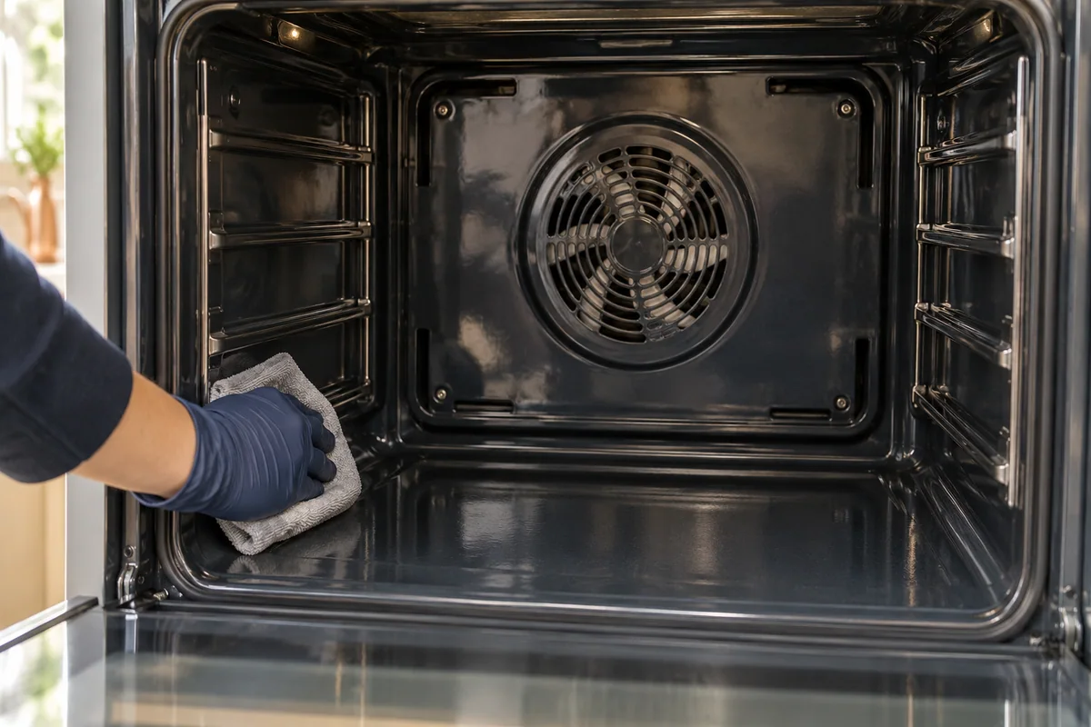 Wiping the accessible side wall of an oven cavity