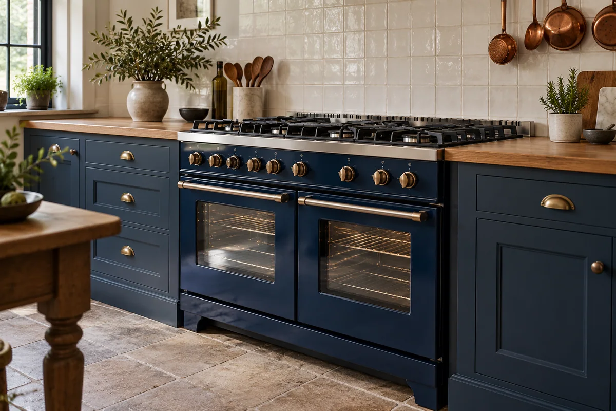 Navy range cooker with twin oven doors and a gas hob
