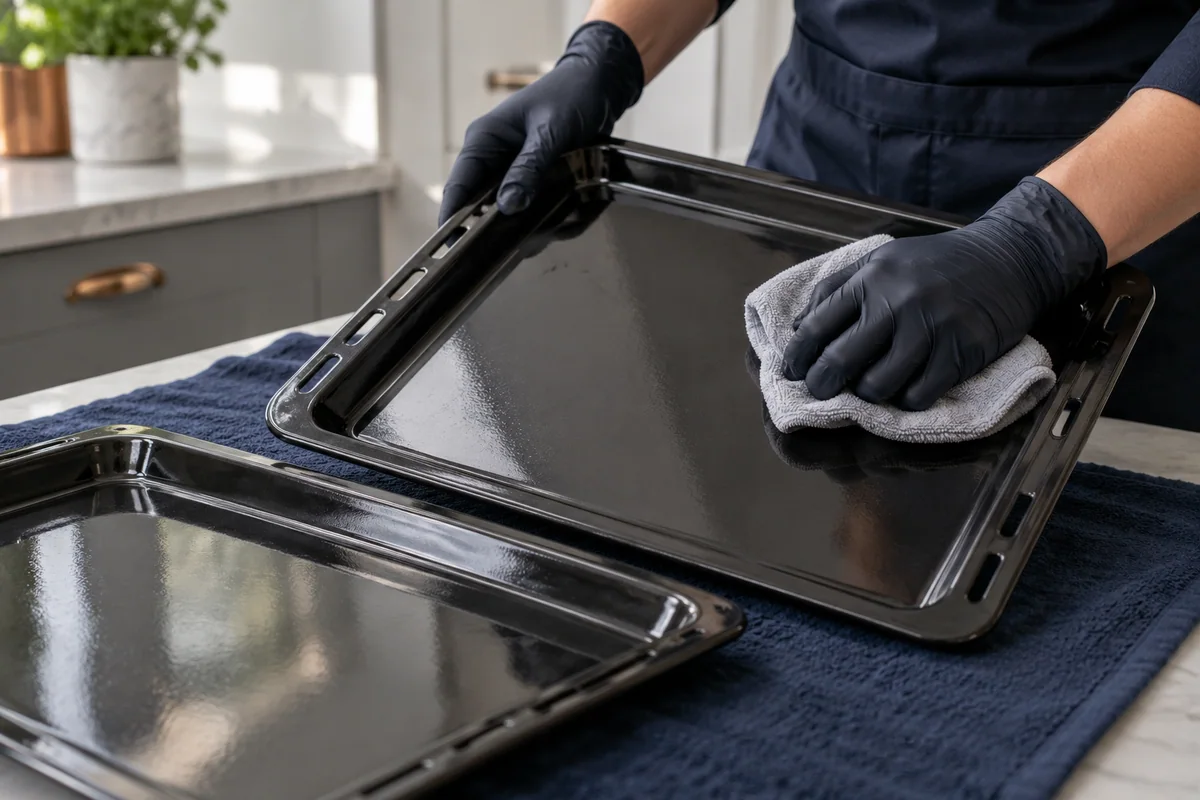 Cleaning a removable enamel oven tray on a protected surface